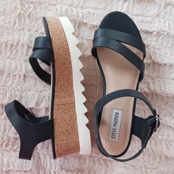 Steve Madden Platform Sandals Size 9.5M Black Leather Open Toe Chunky Strappy - Picture 6 of 7